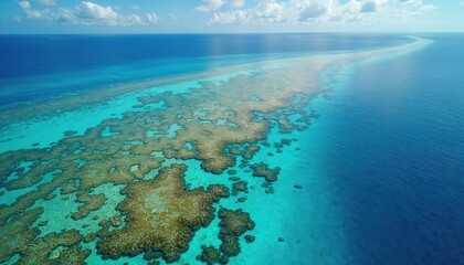 Aerial view of vibrant coral reef with crystal clear blue water. Marine ecosystem with diverse coral formations. Sunlight filters, illuminating underwater scenery, shows seascape beauty, ecology,