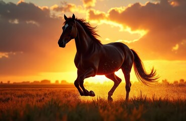 Obraz premium Dark brown horse gallops across a golden field at sunset. Mane and tail fly as dust kicks up from its hooves. Warm light illuminates the sky and grass.