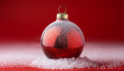 Red Christmas Bauble Sprinkled With Ice On A Red Background