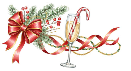 Elegant christmas watercolor illustration featuring a champagne glass with candy cane