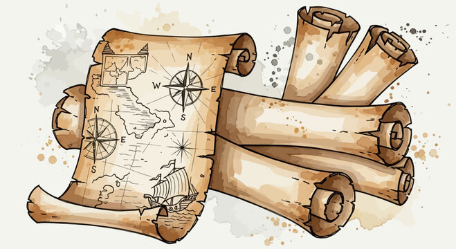 Vintage treasure map and rolled parchment scrolls with compass rose illustration