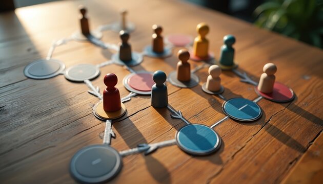 Wooden desk displays colorful peg figures connected by lines and circles. Figures form a clear organizational chart. Represents business structure teamwork and clear reporting lines.