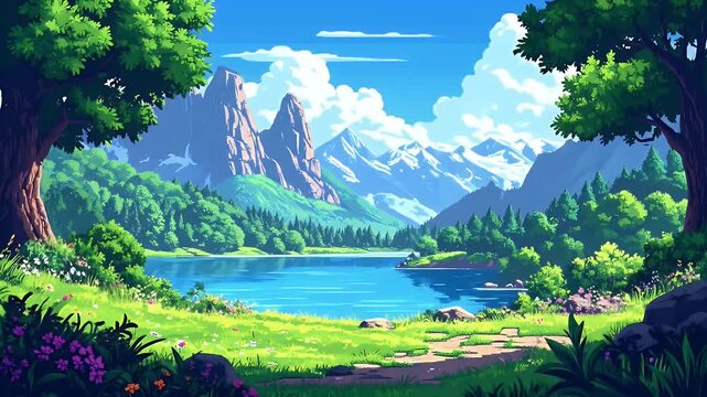 Lush Landscape with Lake, Mountains, and Trees: Pixel Art Serene Nature Scenery