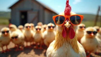 Funny chicken boss leads flock of chicks wearing sunglasses. Farm animals stand together outdoors in sunny weather. Birds look cool wearing eye accessories in group.