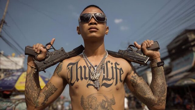 Gang member holding guns on a street