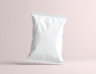 Floating White Snack Packaging Pouch on Soft Pastel Background &ndash; Clean Minimal Blank Food Bag Mockup for Branding Design