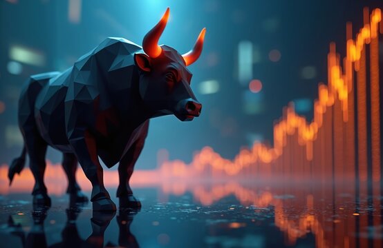 Abstract bull silhouette with glowing horns stands before a financial chart. Dark background has digital data elements. The image represents finance, market growth and investment.