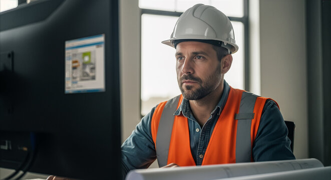 Construction Worker Reviewing BIM LOD Plans on Computer Focus on Building Information Modeling and Safety Protocols