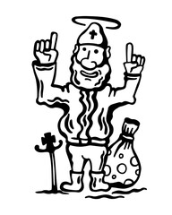 Saint nicholas the miracle worker is satisfied and festive, confidently raises his fingers up. Vector black and white illustration on a white isolated background