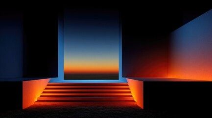 Architectural rendering featuring a glowing staircase leading to an open portal revealing sunset