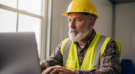 Construction worker using BIM LOD on a laptop at a construction site, wearing safety helmet and vest, focused on digital project, infrastructure management