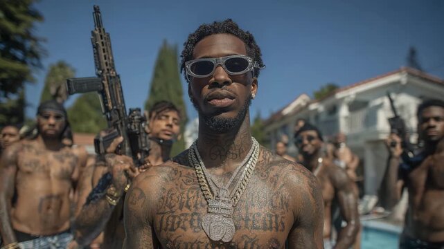 Gang member holding guns on a street