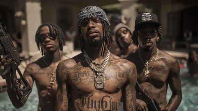 Gang members holding guns at a mansion