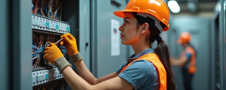 Young woman electrician wears hard hat and safety vest. She works with wires inside electrical panel. Another worker is visible in background.