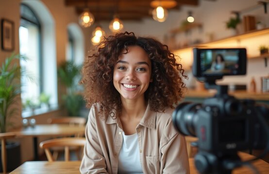 Smiling woman records video. Influencer creates content with camera at home. Vlogger streams online podcast indoors. Online education. Young blogger shoots vlog on social media for followers trends.