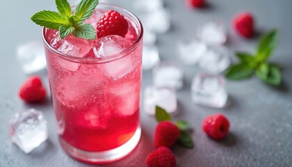 Glass of vibrant pink raspberry drink with ice cubes mint and berries. Refreshing cold beverage with fruit flavors on grey surface. Perfect for summer party or cocktail.