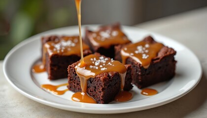 Caramel sauce pours on fudgy chocolate brownies with sea salt flakes. Rich dessert pieces sit on white plate. Homemade treat ready to eat for snack. Delicious pastry for sweet tooth looking for