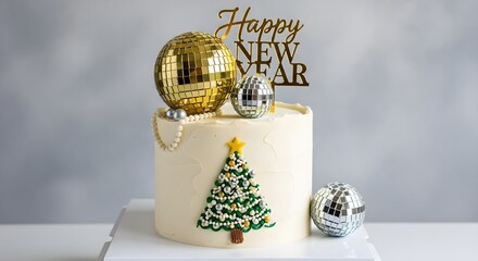 Elegant new year cake with disco balls and christmas tree decoration on white base