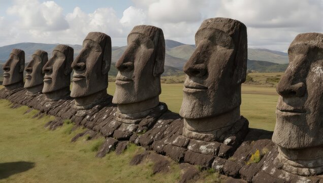 Ancient Moai Statues Standing in a Row at Ahu Tongariki on Easter Island.