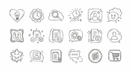 Collection of sketched icons featuring a lightbulb in a heart, clock, cloud search, and various expressions