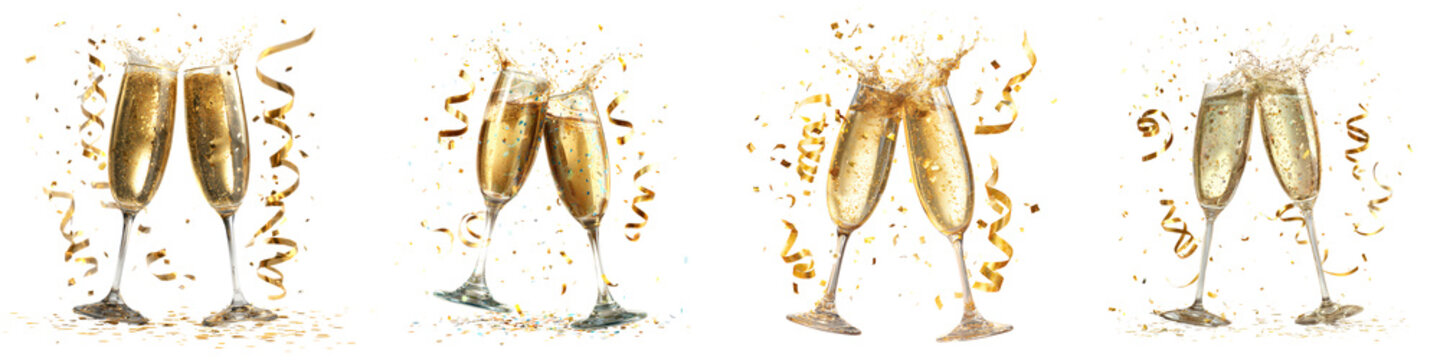 Set of two champagne glasses clinking with golden liquid splash and confetti, isolated on transparent background.
