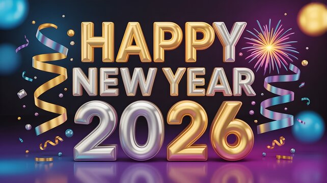 Bright and colorful decorations fill the scene, celebrating the arrival of 2026. Festive elements like streamers and fireworks create a joyful atmosphere.