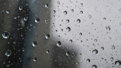 Close-up of water droplets on a glass surface, reflecting a blurred background.
