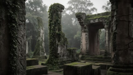Ancient Moss Covered Temple Ruins in Lush Green Jungle.