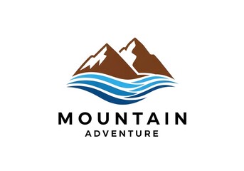 Inspiring mountain peak logo design with flowing blue water for outdoor adventure brand or travel company, perfect for tourism marketing and branding