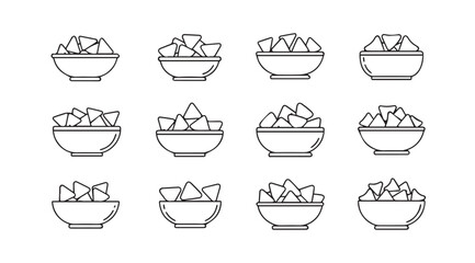 Collection of twelve hand drawn nacho bowls in a simple silhouette style