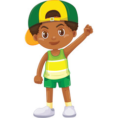 Young Boy Wearing Green and Yellow Baseball Cap Tank Top and Shorts With Fist Raised in Celebration Transparent Background