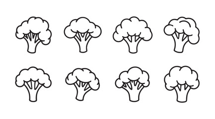 Collection of simple broccoli florets in a clean black and white silhouette style