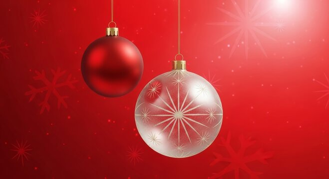 Two christmas ornaments hanging against a red background with snowflake decorations and a light flare