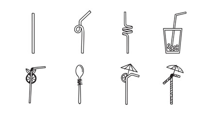 Collection of eight different drink straws in a sketchy silhouette style