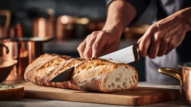 Close-up of chef cutting bread【4K】