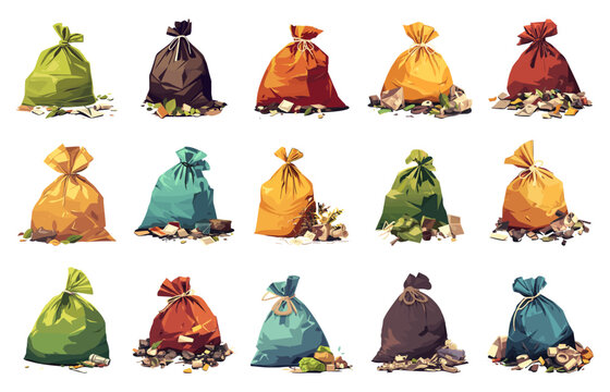 A set of garbage bags of different colors with various trash around them, vector illustration