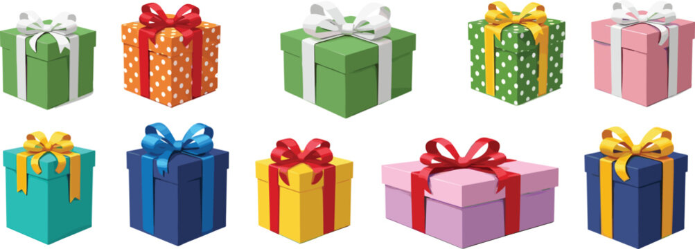 Collection of colorful wrapped gift boxes with ribbons and bows, perfect for holiday celebrations, birthdays, festive designs, party graphics, and illustrations