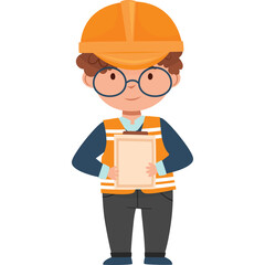 Young Boy Wearing Orange Safety Helmet Blue Vest and Clipboard in White Background Full Body Shot