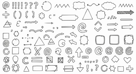 Collection of hand drawn doodle elements including arrows shapes and symbols in black and white color