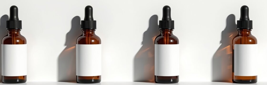 Four amber glass bottles with droppers sit in row on white surface. Each bottle has clean white label for custom branding. This minimalist setup is perfect for cosmetic or skincare product shots.