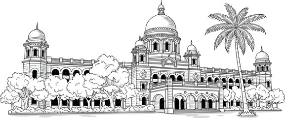Obraz premium Elegant vector illustration of a magnificent historical building featuring grand domes, intricate columns, and lush surrounding trees, capturing classic architecture