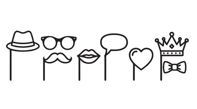 Collection of fun party props for photos including a hat glasses mustache lips and crown silhouette