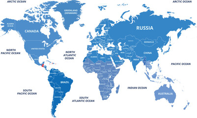 World political earth map in retro color palette, vector illustration