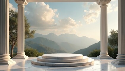 Marble podium stands before mountains. Columns add classic Greek flair to scenery. Luxury background displays product for advertising. Nature panorama offers peaceful beauty and minimalist design.
