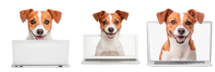 Digital Companion: A trio of Jack Russell Terriers, each uniquely framed by a laptop, smiles with digital ease, suggesting a modern connection with technology. 