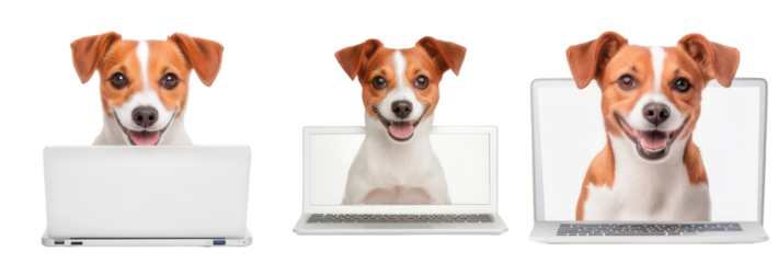 Digital Companion: A trio of Jack Russell Terriers, each uniquely framed by a laptop, smiles with digital ease, suggesting a modern connection with technology. 
