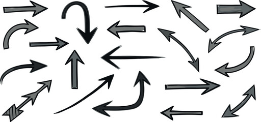 Versatile collection of hand-drawn arrows pointing in multiple directions, embodying the concept of flow, movement, and critical guidance for modern design projects