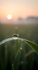 Close-up of a dewdrop on a blade of grass during sunrise with a blurred background and warm lighting creating a peaceful natural scene