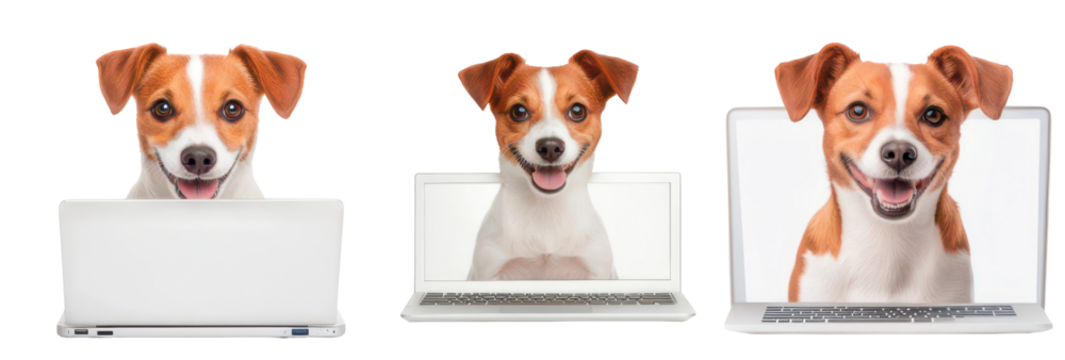 Digital Companion: A trio of Jack Russell Terriers, each uniquely framed by a laptop, smiles with digital ease, suggesting a modern connection with technology. 