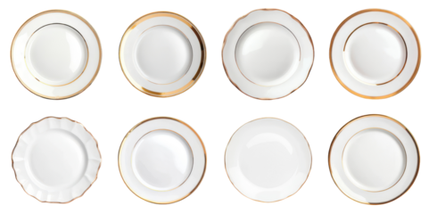 Elegant Collection of Decorative Plates: A top-down shot of a collection of pristine white plates, each adorned with a touch of elegance and artistic design